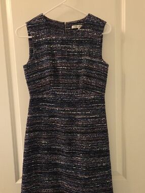Size 0 Diane Von Furstenberg Navy Multicolor Striped Tweed Midi Dress